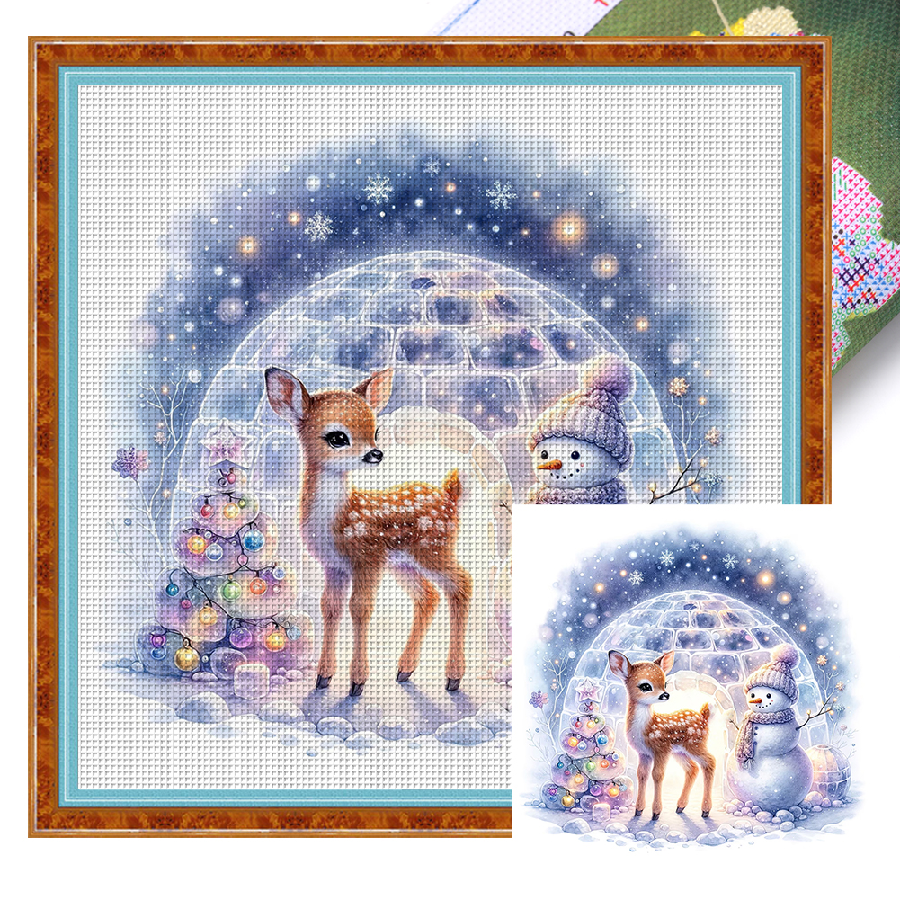 thumbnail image 2 of Hilo Algodón Bordado Punto Cruz Impreso Muñeco Nieve Y Ciervo 18 Quilates 30x30cm, 2 of 10