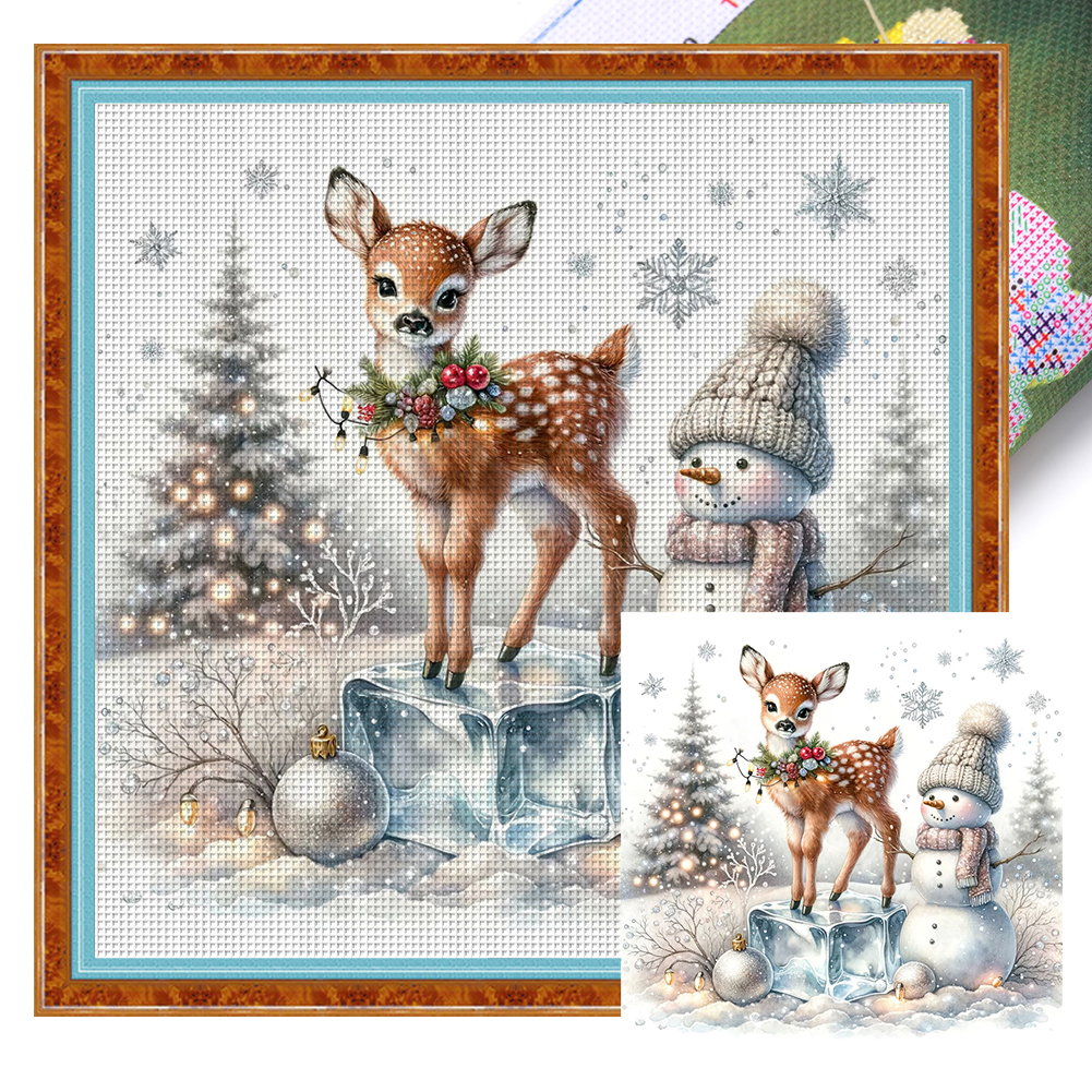 Hilo Algodón Bordado Punto Cruz Impreso Muñeco Nieve Y Ciervo 18 Quilates 30x30cm