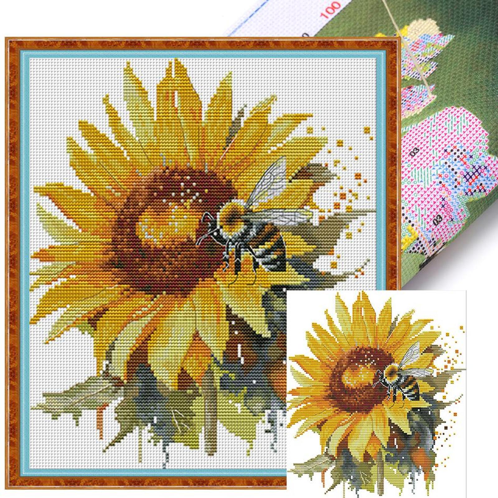 Hilo Algodón Bordado Punto Cruz Girasol Y 14 Quilates 28x30cm