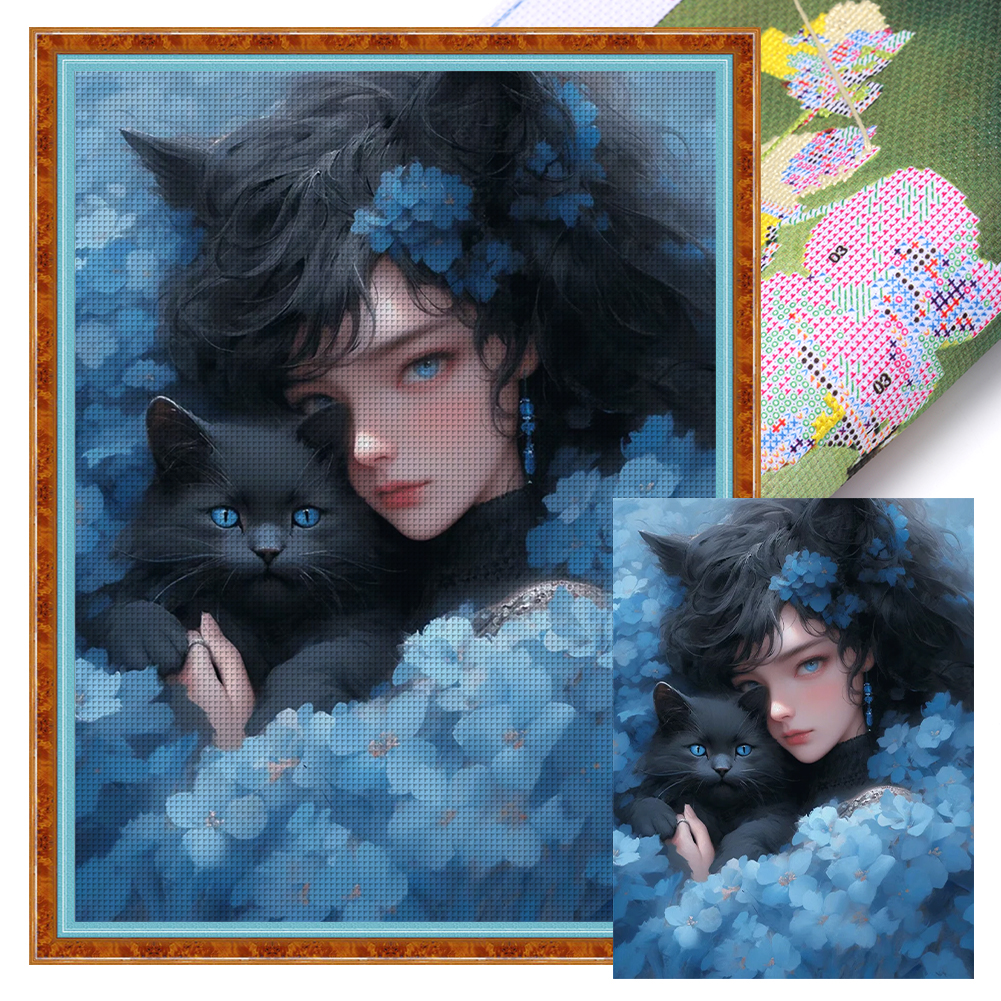 thumbnail image 2 of Bordado Algodón Ecológico 11CT Gato Y Niña Arte Punto Cruz 40x56cm, 2 of 10