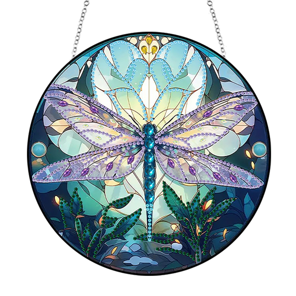 (GJ027) Diamante Punteado DIY Artística Acrílica (impresión A Doble Cara Con Diamantes en Un Lado) Libélula 20*20cm