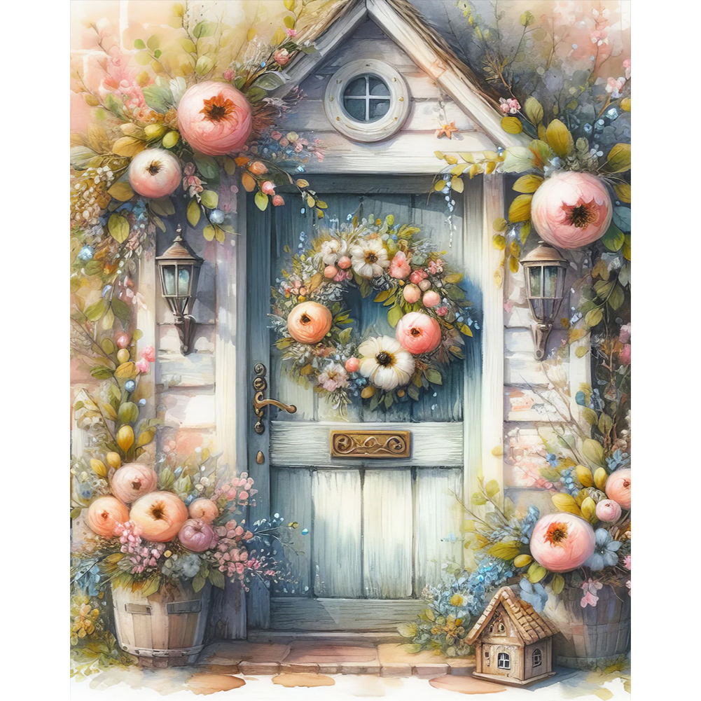 thumbnail image 1 of (w3692) Serie Flores Y Plantas Casa Con Guirnalda Diamantes Redondos Resina 40*50CM, 1 of 10