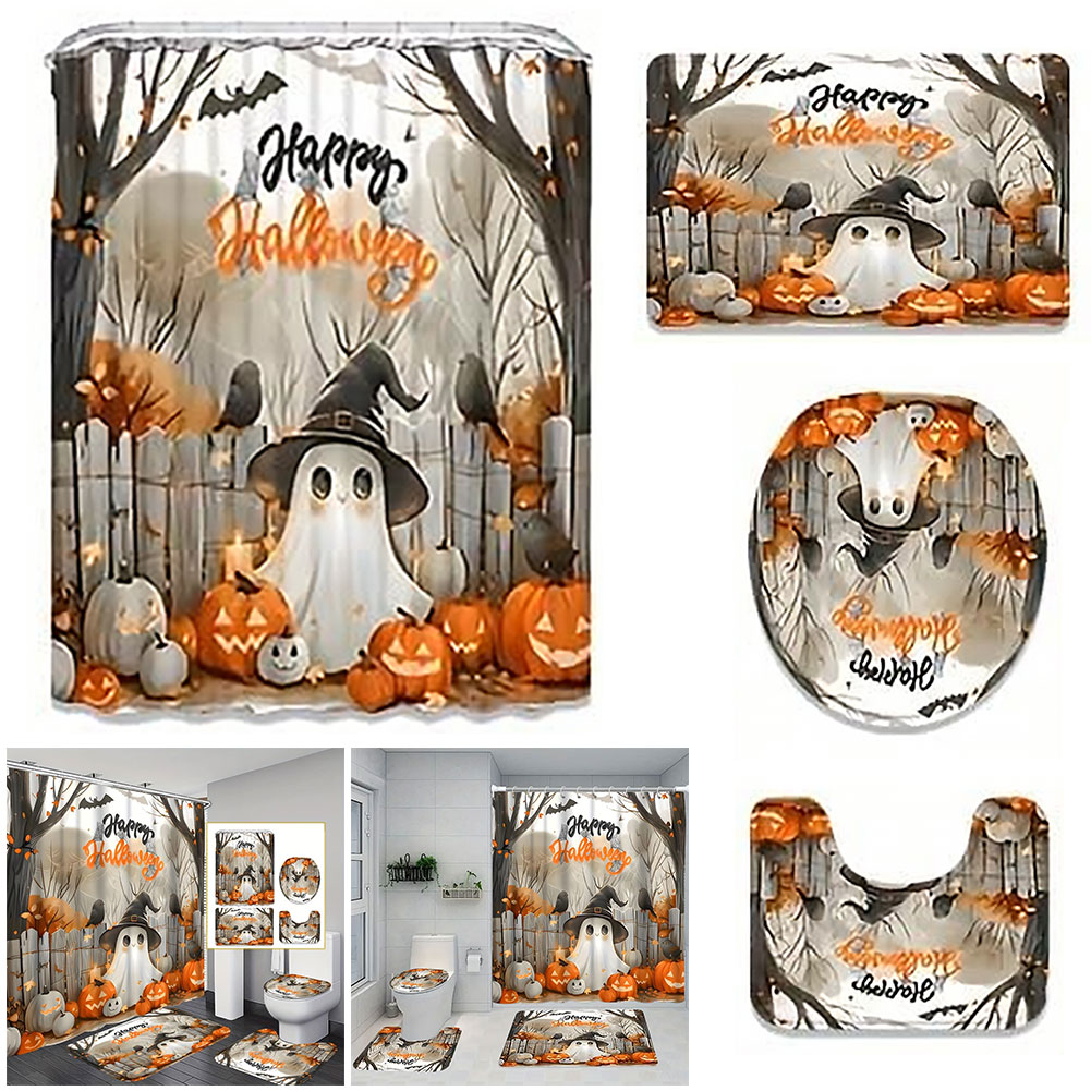 thumbnail image 2 of Cortina Ducha Lindo Dibujos Animados Fantasmas Set Halloween Lavable Baño Poliéster Tela Bañera Con Ganchos para, 2 of 10