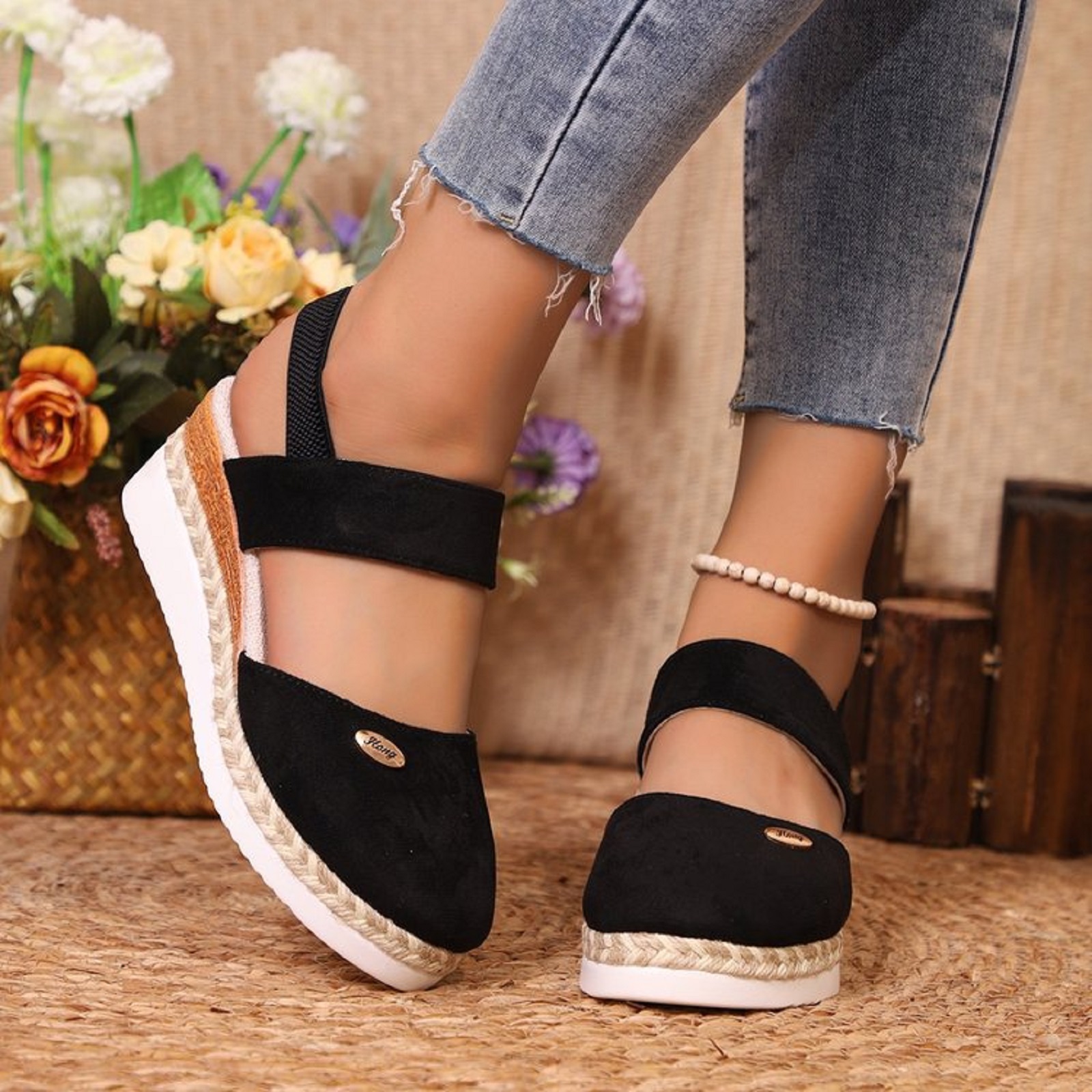 thumbnail image 2 of Lienzo Verano Sandalias Cuña La Plataforma Punta Cerrada Los Pies Cerrados para Mujeres (7), 2 of 2