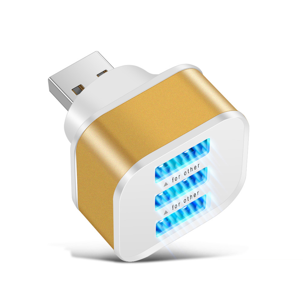 USB2.0 HUB Adaptador 3 Puertos Cargadores Rápidos Con Indicador LED (Oro)