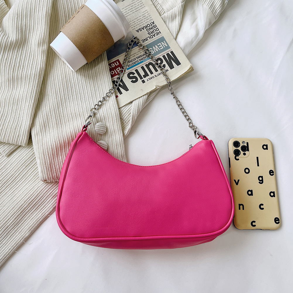 thumbnail image 4 of Bolso Mano Con Cadena para Mujer Bolso Hombro Con Axila Color Sólido PU A La (rojo Rosa), 4 of 10