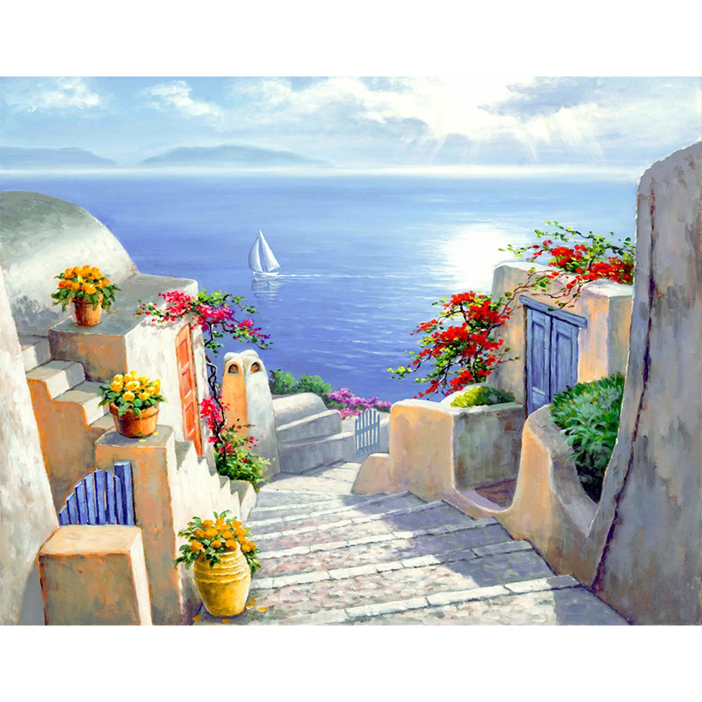 thumbnail image 2 of Hilo algodón ecológico bordado 11CT impresión 3 hebras 46x36cm kit serie paisaje punto cruz Santorini SZX-C51, 2 of 10