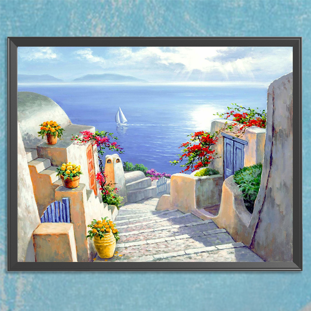 thumbnail image 4 of Hilo algodón ecológico bordado 11CT impresión 3 hebras 46x36cm kit serie paisaje punto cruz Santorini SZX-C51, 4 of 10