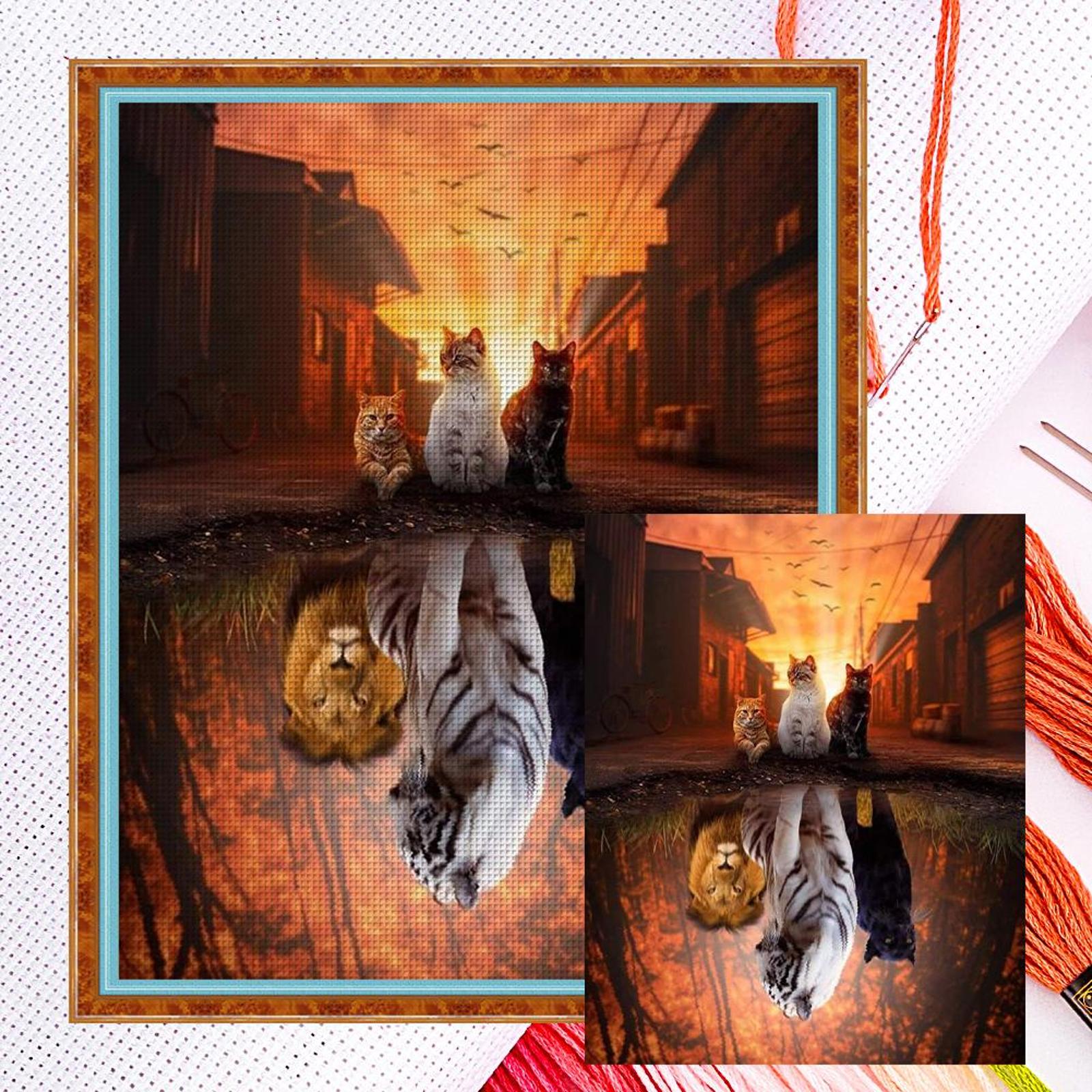 thumbnail image 2 of (szx1807) Hilo algodón ecológico bordado 11CT 3 hebras tela blanca 40*50cm reflexión-Kit serie punto cruz tres gatos, 2 of 10