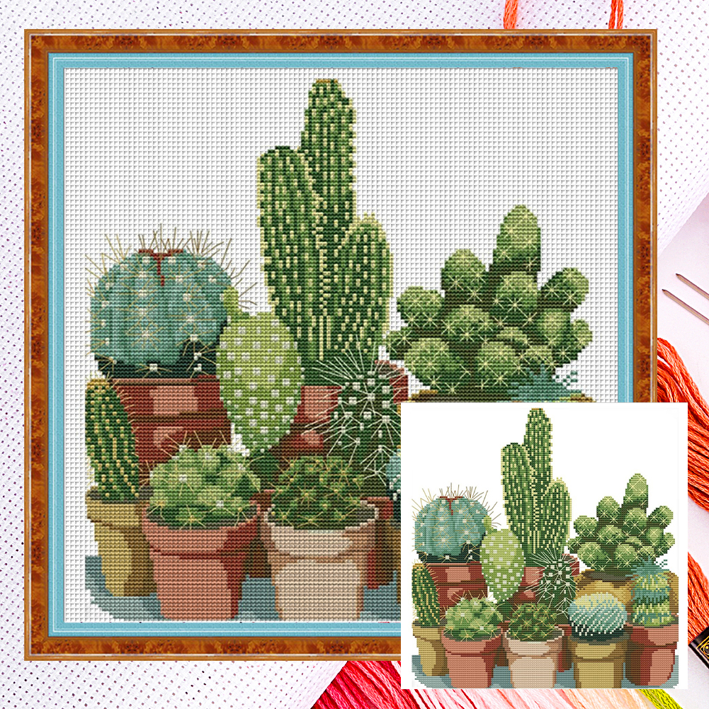 thumbnail image 2 of (J217) Bordado No Manchú Hilo Algodón Ecológico 14CT Tela Blanca 34*35cm Cactus (2) Kit Serie Bodegones en Punto Cruz (borde Gancho), 2 of 10