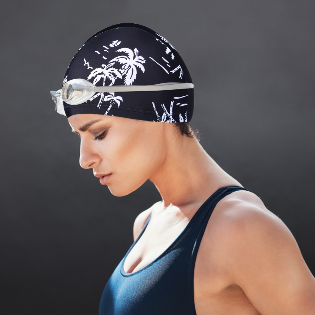 thumbnail image 4 of Gorro Natación Tela Estampada Secado Rápido Transpirable Moderno Gorro Natación Tela para Adultos para Hombres Y Mujeres Cómodo Equipo Natación Impermeable (Negro) [Seaside Coconut Grove], 4 of 9